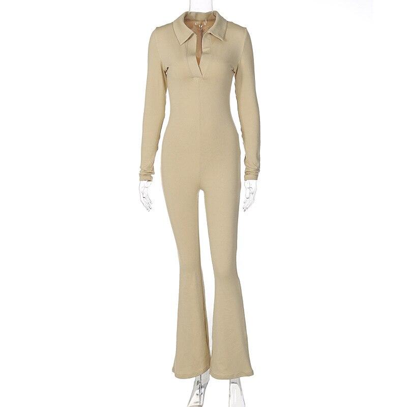 Long Sleeve V-Neck Skinny Jumpsuit – Chic Autumn Streetwear - Found Essence