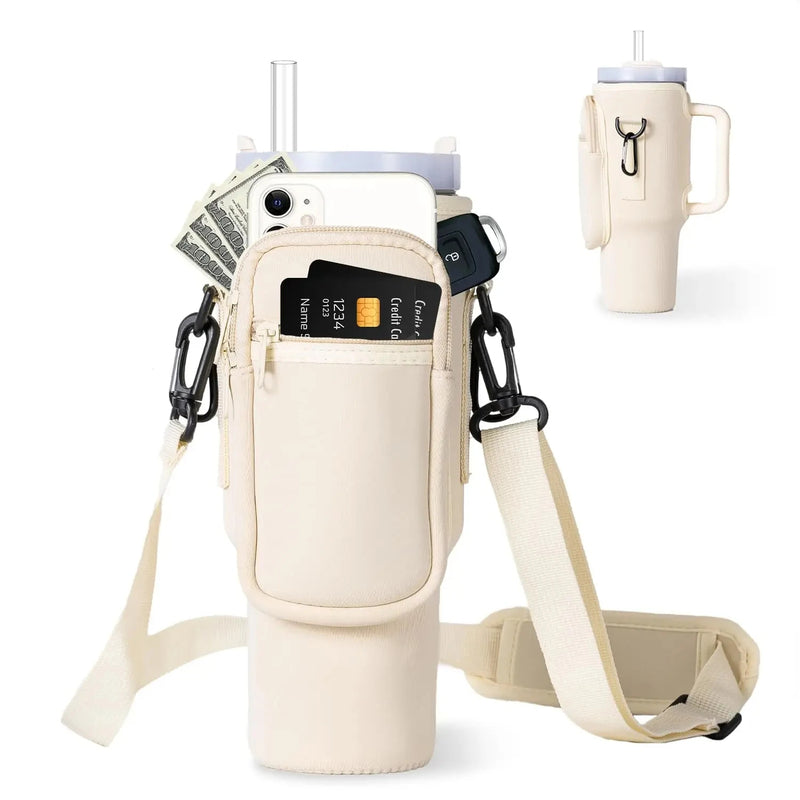 Neoprene Water Bottle Carrier with Phone Pocket – Fits Stanley 40oz Tumbler, Handle Included