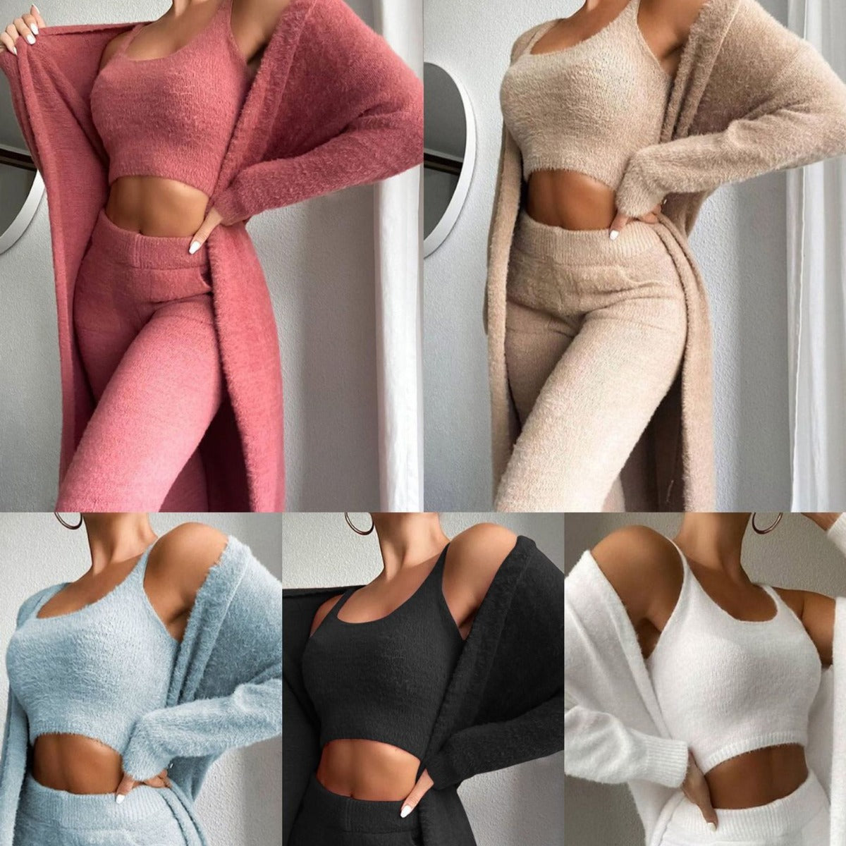 Women’s 3-Piece Knitted Loungewear Set – Plush V-Neck Crop Top, Cardigan & Trousers