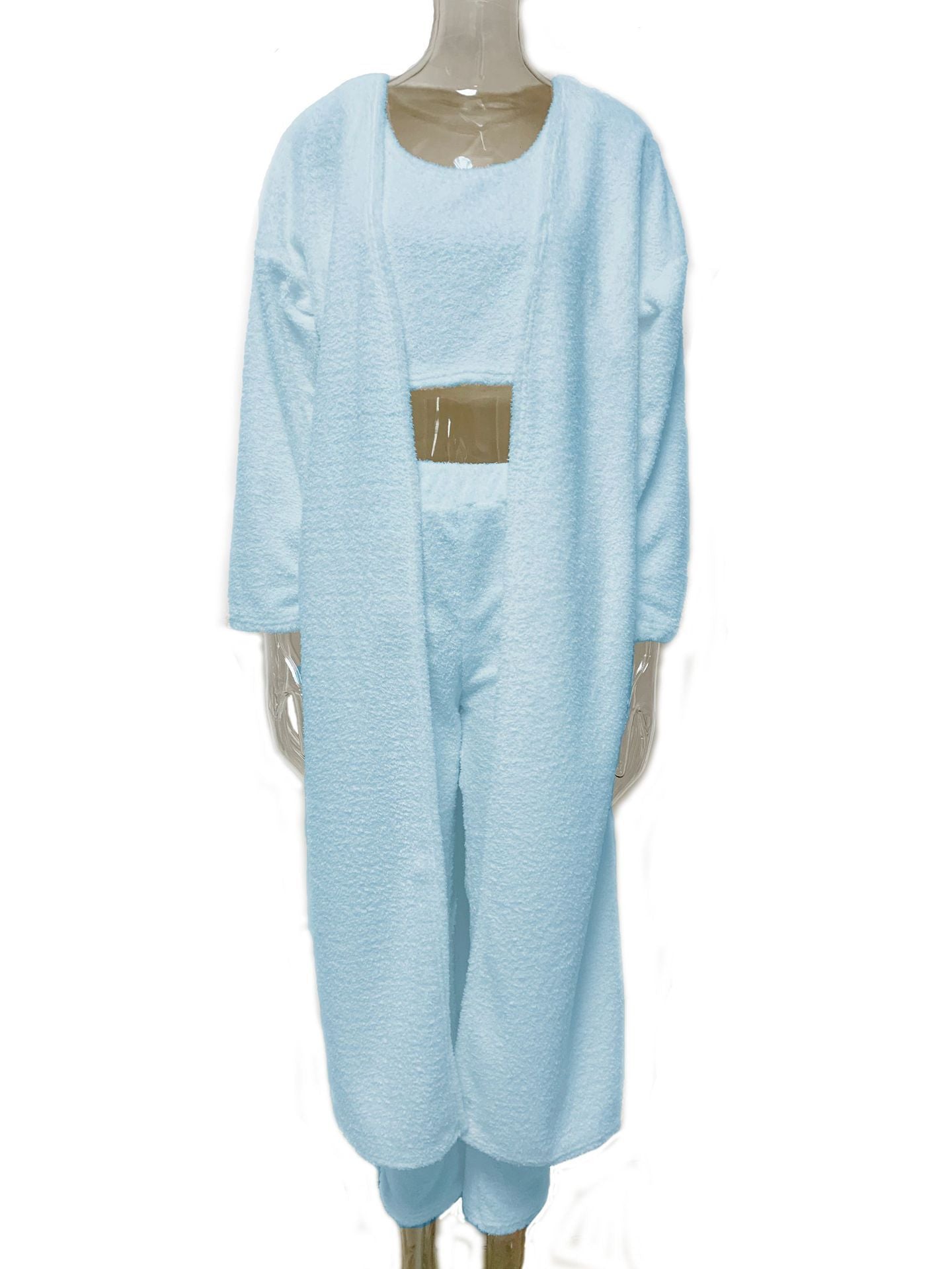 Women’s 3-Piece Knitted Loungewear Set – Plush V-Neck Crop Top, Cardigan & Trousers