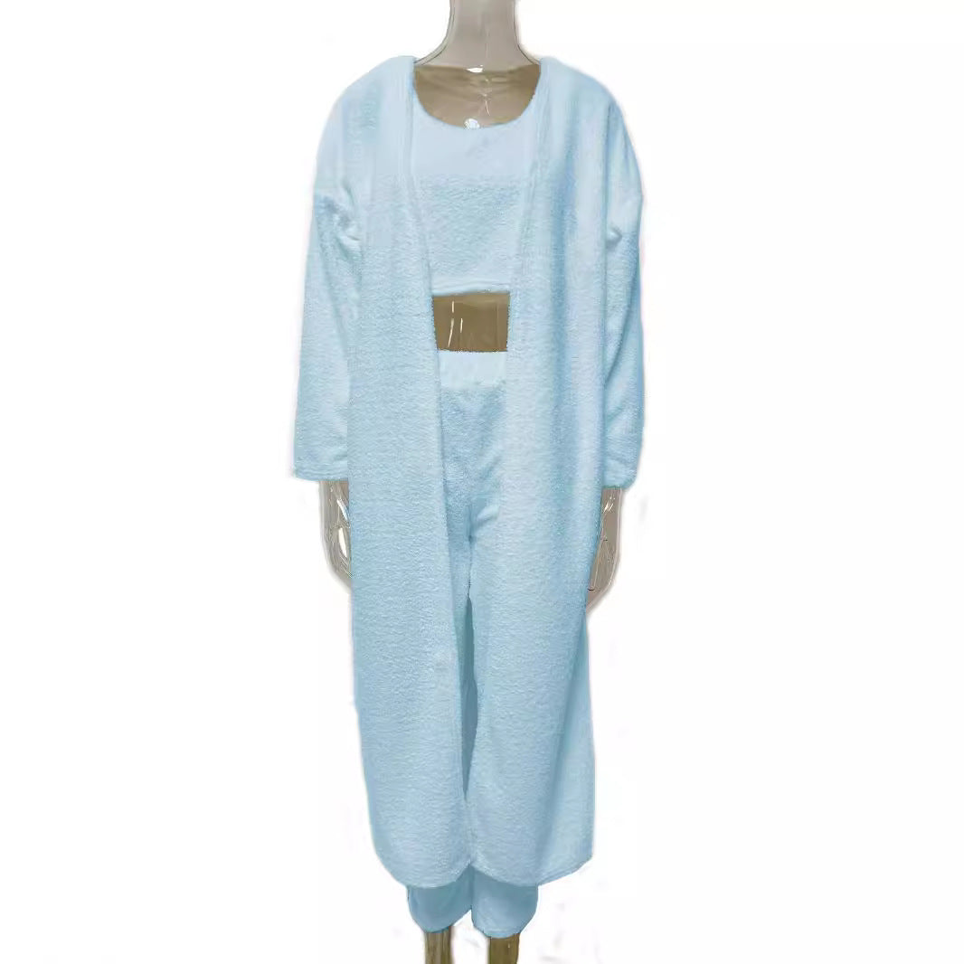 Women’s 3-Piece Knitted Loungewear Set – Plush V-Neck Crop Top, Cardigan & Trousers