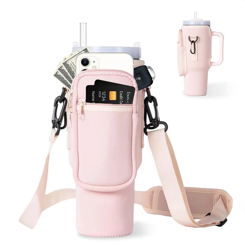 Neoprene Water Bottle Carrier with Phone Pocket – Fits Stanley 40oz Tumbler, Handle Included