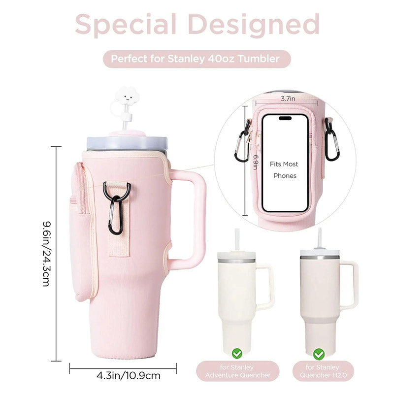 Neoprene Water Bottle Carrier with Phone Pocket – Fits Stanley 40oz Tumbler, Handle Included