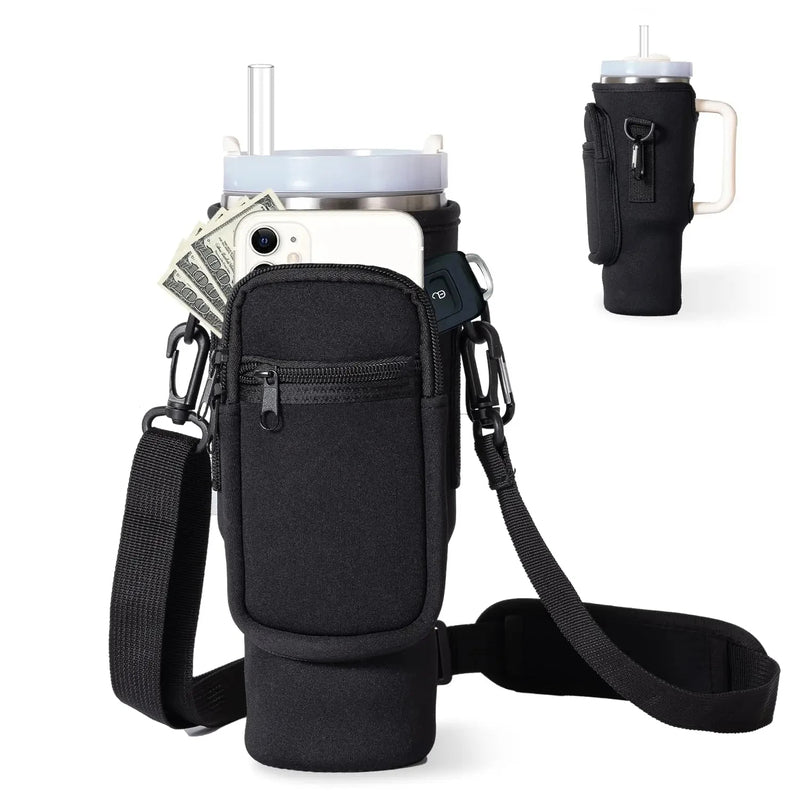 Neoprene Water Bottle Carrier with Phone Pocket – Fits Stanley 40oz Tumbler, Handle Included