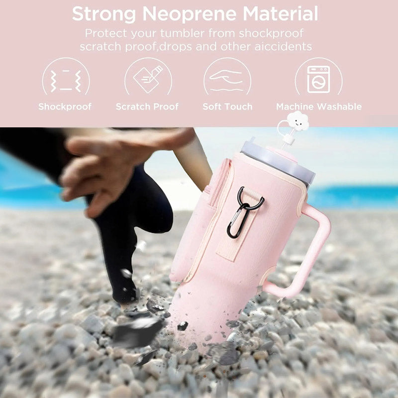 Neoprene Water Bottle Carrier with Phone Pocket – Fits Stanley 40oz Tumbler, Handle Included