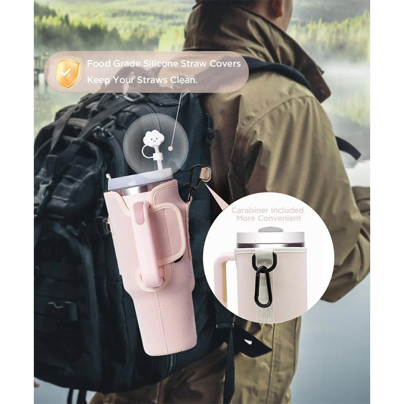 Neoprene Water Bottle Carrier with Phone Pocket – Fits Stanley 40oz Tumbler, Handle Included