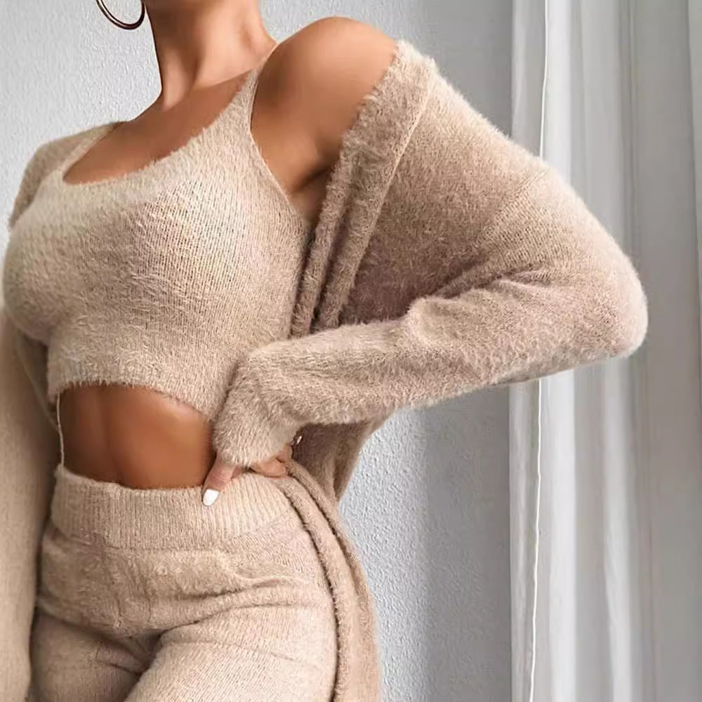 Women’s 3-Piece Knitted Loungewear Set – Plush V-Neck Crop Top, Cardigan & Trousers