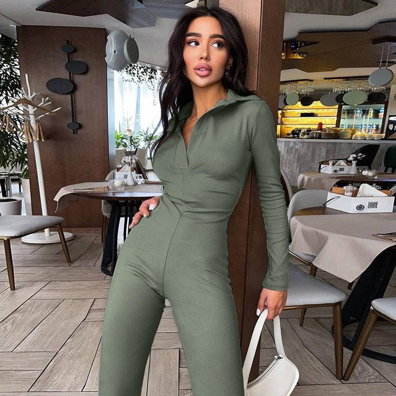 Long Sleeve V-Neck Skinny Jumpsuit – Chic Autumn Streetwear - Found Essence