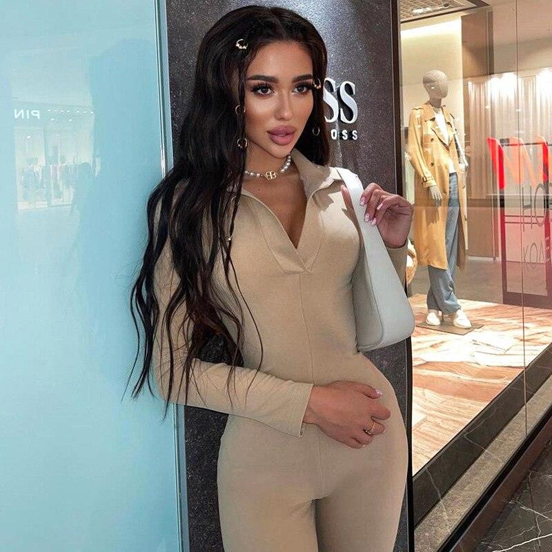 Long Sleeve V-Neck Skinny Jumpsuit – Chic Autumn Streetwear - Found Essence
