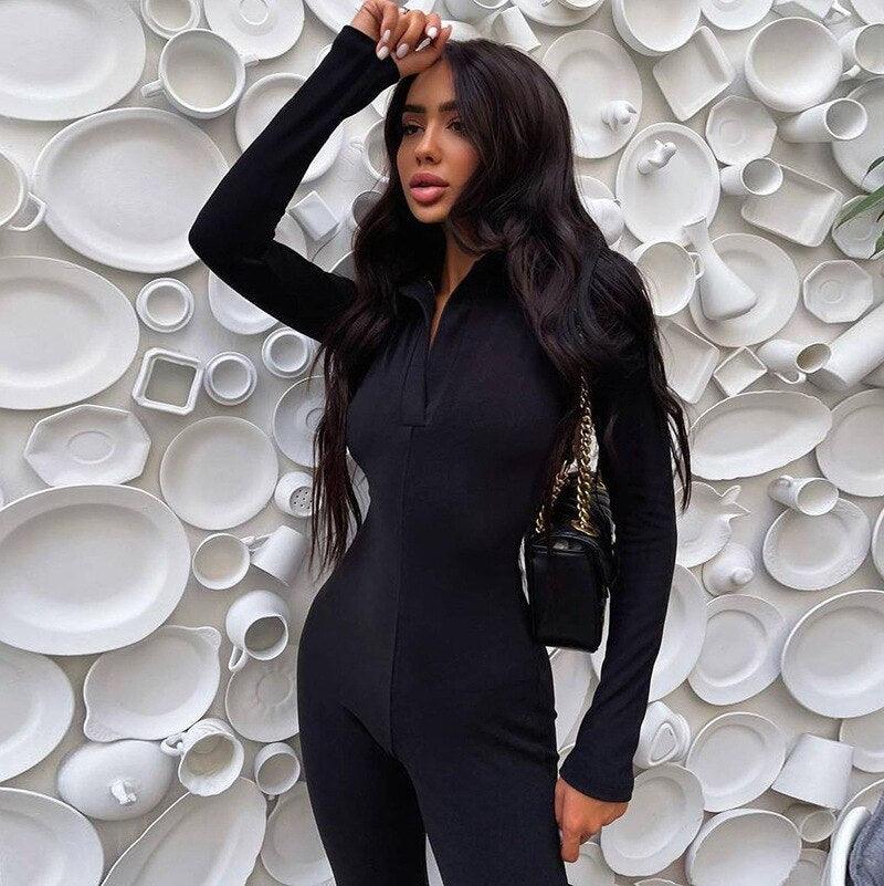 Long Sleeve V-Neck Skinny Jumpsuit – Chic Autumn Streetwear - Found Essence